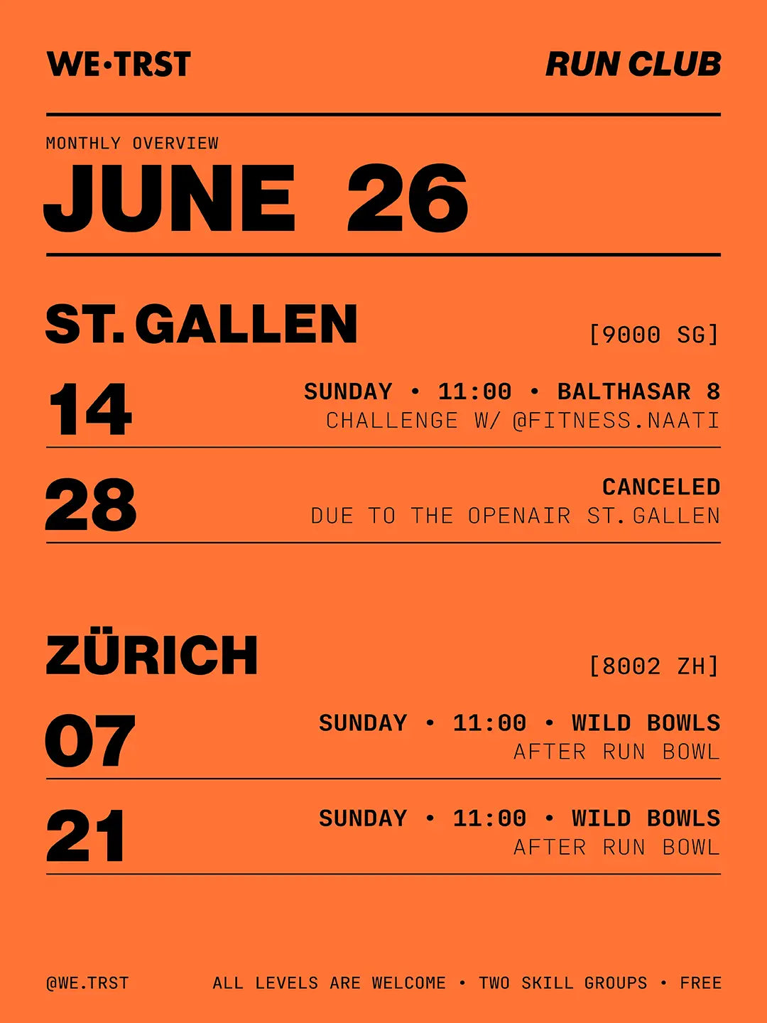WE•TRST Run Club Terminübersicht Juni 2026 – St. Gallen und Zürich