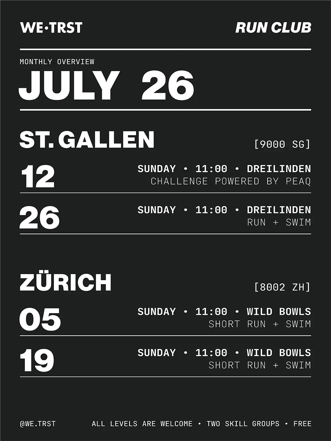 WE•TRST Run Club Terminübersicht Juli 2026 – St. Gallen und Zürich