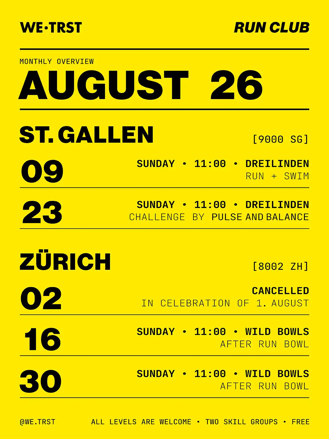 WE•TRST Run Club Terminübersicht August 2026 – St. Gallen und Zürich