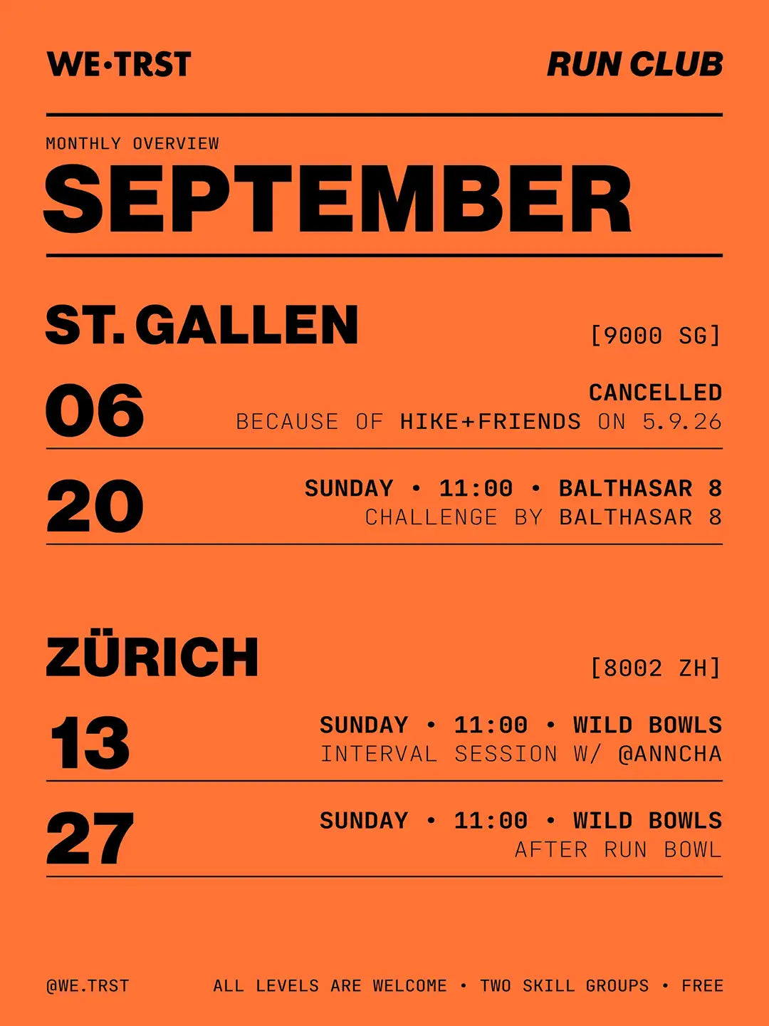 WE•TRST Run Club Terminübersicht September 2026 – St. Gallen und Zürich