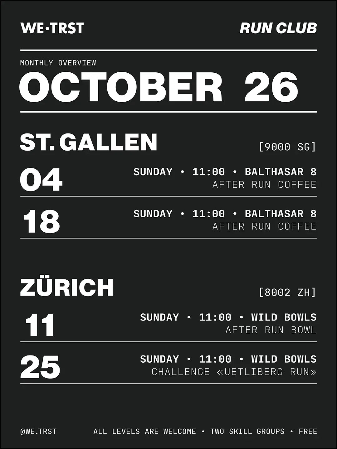 WE•TRST Run Club Terminübersicht Oktober 2026 – St. Gallen und Zürich