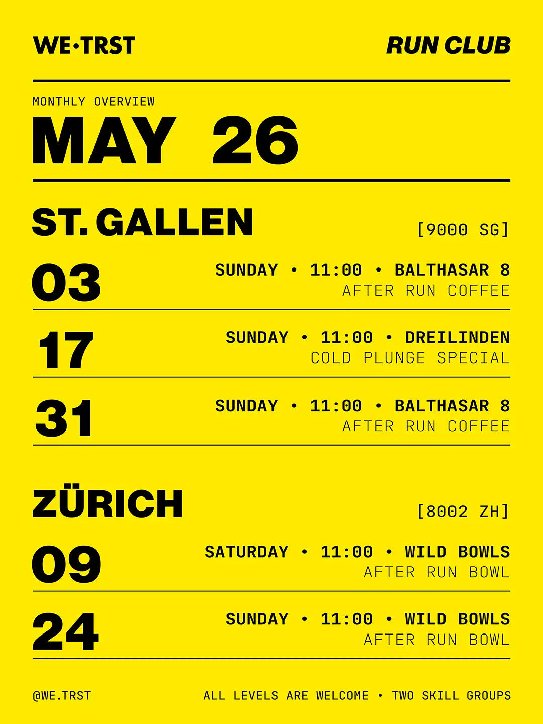 WE•TRST Run Club Terminübersicht Mai 2026 – St. Gallen und Zürich